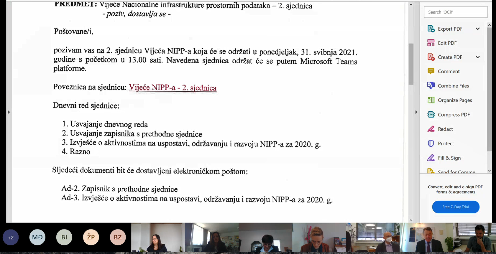 Slika prikazuje poziv na drugu sjednicu Vijeća NIPP-a