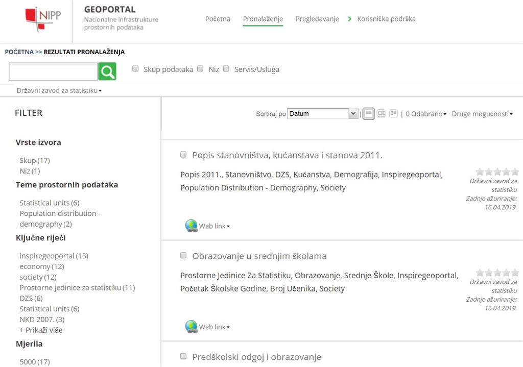 The picture shows the list of downloaded metadata on the NSDI Geoportal from the GeoSTAT portal.