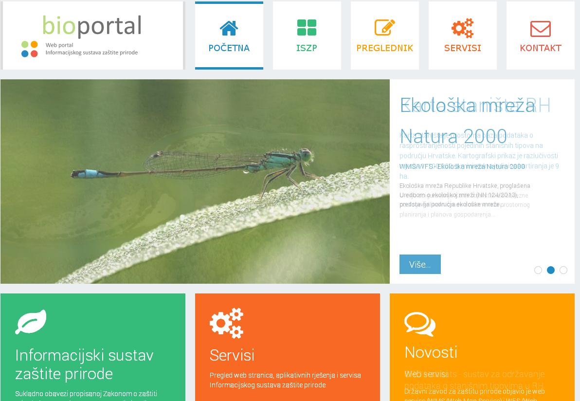 Slika prikazuje naslovnu stranu Bioportala - web portala informacijskog sustava zaštite prirode.