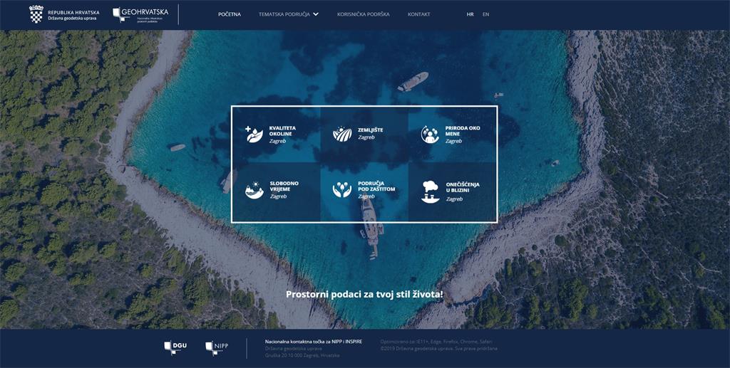 Slika prikazuje početni prikaz preglednika GeoHrvatska s mogućnošću odabira između 6 tematskih kategorija.