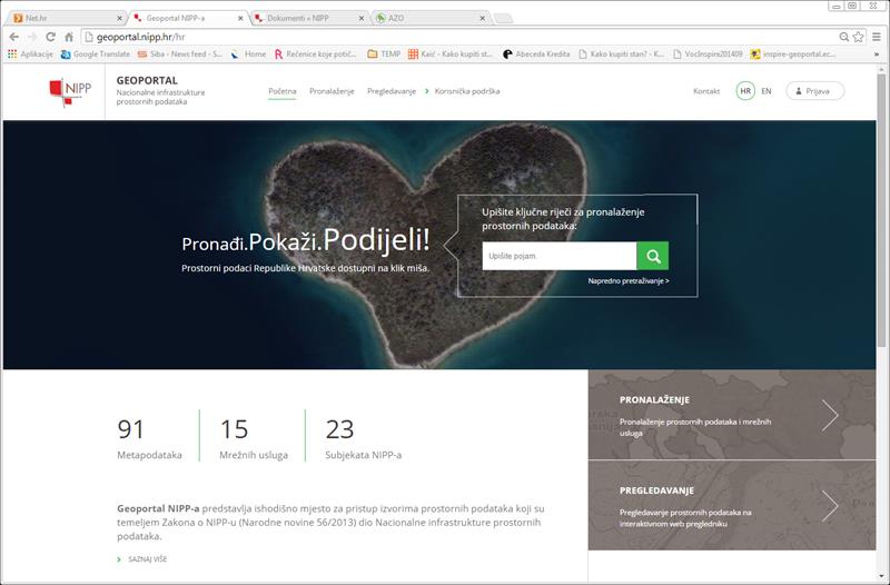 Slika prikazuje naslovnu stranu novo objavljenog Geoportala NIPP-a.