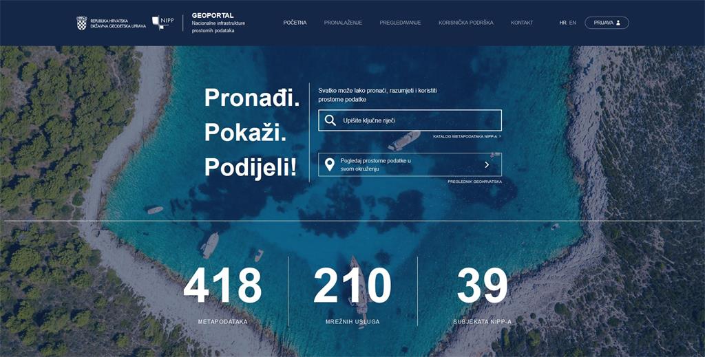 Slika prikazuje početnu stranu unaprijeđenog i redizajniranog Geoportala Nacionalne infrastrukture prostornih podataka