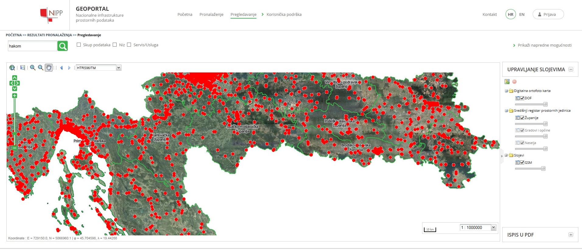 Slika prikazuje učitanu WMS mrežnu uslugu na Geoportalu NIPP-a. Vidljiv je GSM sloj.