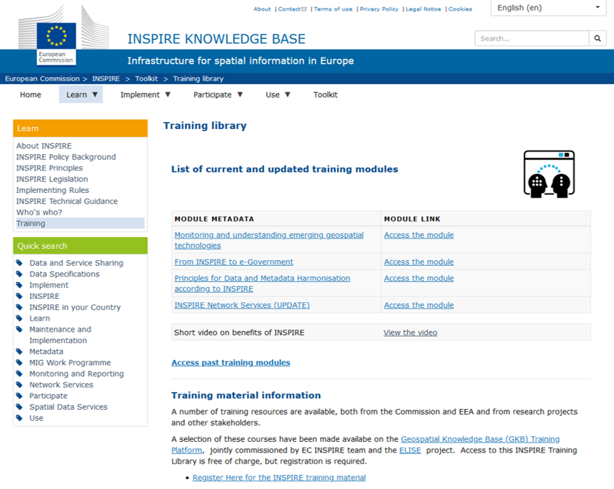 The picture shows the homepage of the INSPIRE Training library website